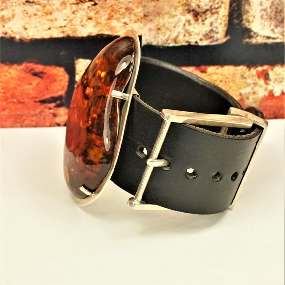 SUPER HUGE AMBER STERLING LEATHER RARE BRACELET 9 BY AMBERMODA UNISEX - Picture 9 of 16